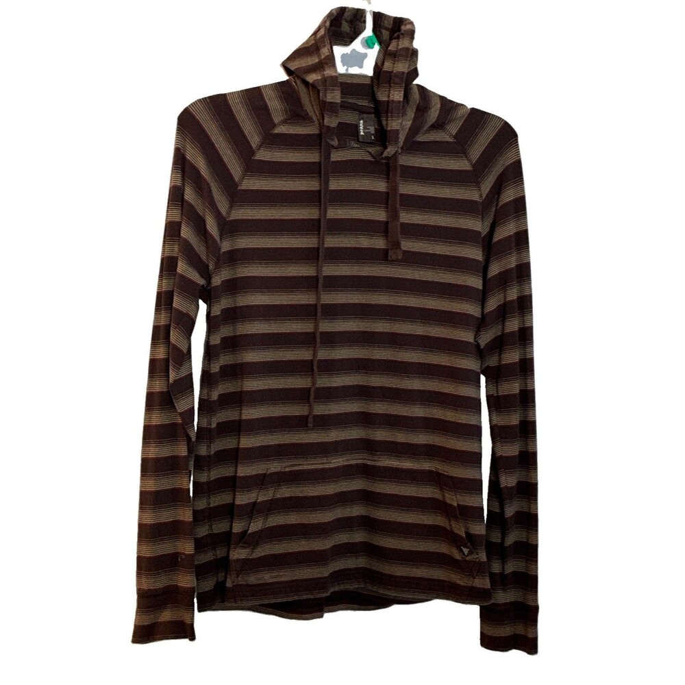 prAna BREATHE Mens L Hoodie Pullover Top Organic Cotton Stretch Brown Stripe